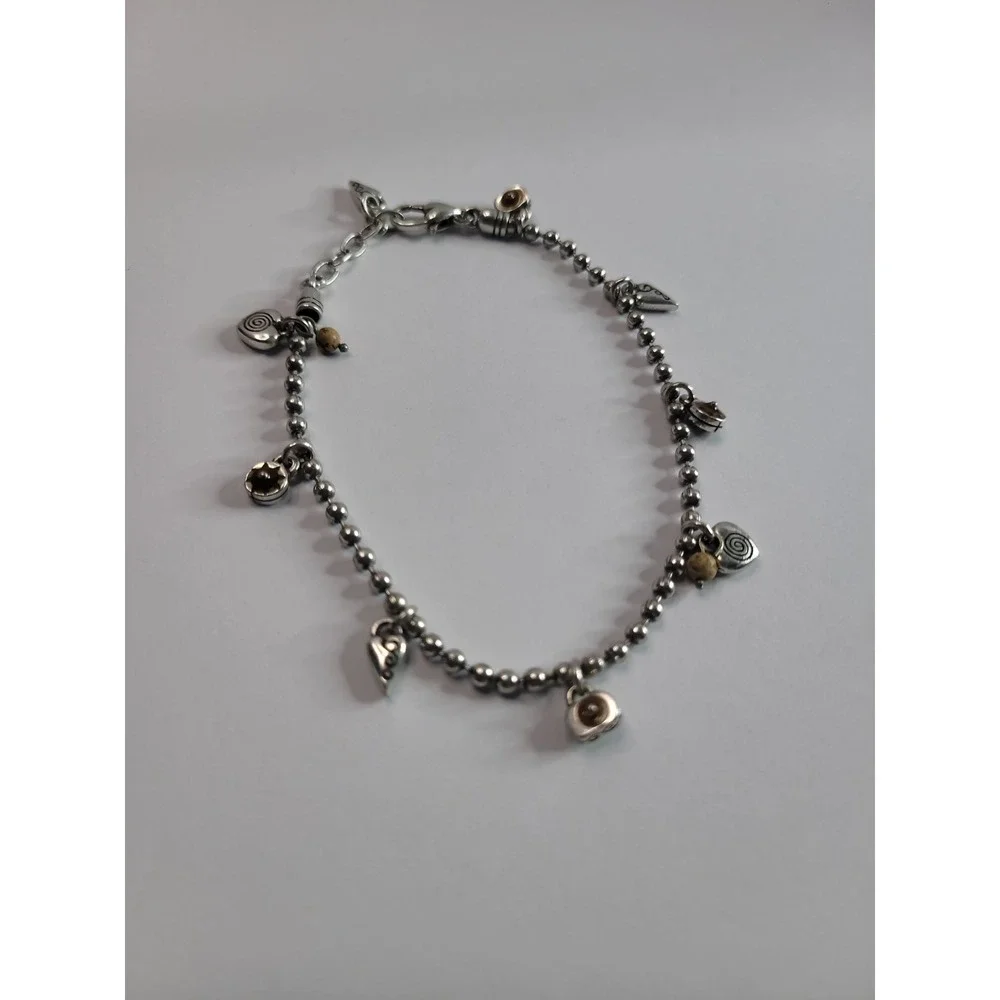 Silver Tone Heart Charm Anklet Brown Bead Boho Adjustable Jewelry
